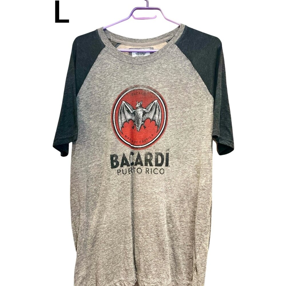 BACARDI RUM PUERTO RICO Tee Shirt Size Large Raglan Style Grey Distressed Look - Picture 2 of 11